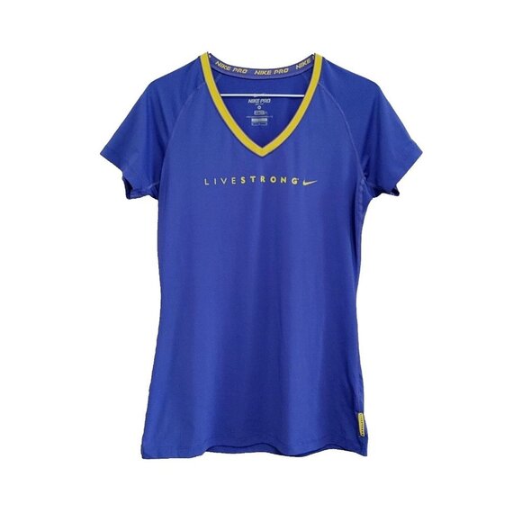 Nike Pro Athletic Tee Womens Medium LIVESTRONG Dri-Fit FITTED V Neck T Shirt - Picture 1 of 3